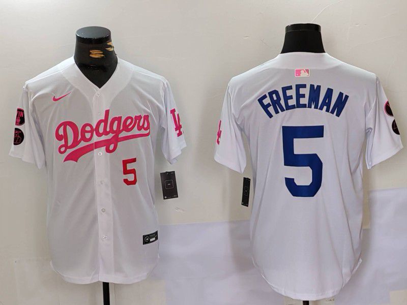 Men Los Angeles Dodgers #5 Freeman White pink joint name 2024 Nike MLB Jersey style 2